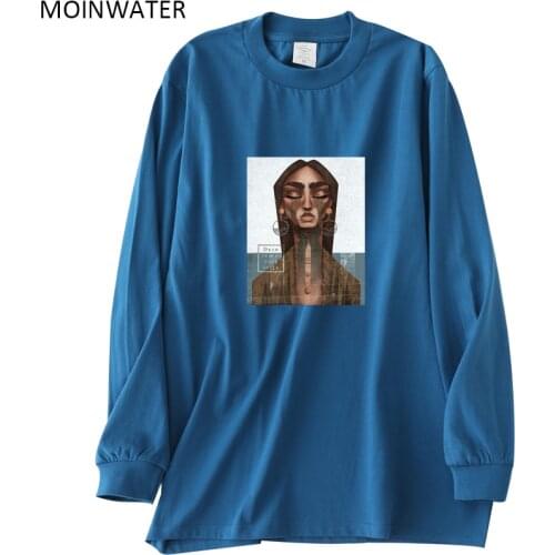 MOINWATER Abstract Pattern Women 100% Cotton Long Sleeve T-shirts Tops Female Streetwear Style Blue Black Tees MLT2123