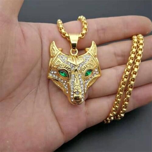 Men Stainless Steel Necklace Gold Color Viking Wolf Head Necklace Pendant With Chain Iced Out Norse Talisman Ethnic Jewelry