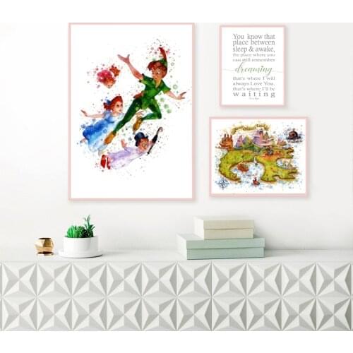 Never Never Land Map Nursery Boy Print Watercolor Peter Pan Quote Map Poster Baby Playroom Wall Art Decor Canvas Painting