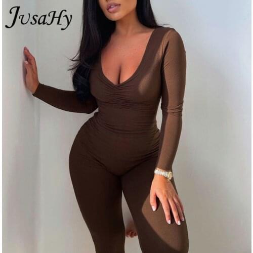 JuSaHy Casual Solid Skinny Jumpsuit for Womens Clothing Casual Solid Long Sleeve Fitness Rompers One Piece Outfits Streetwear