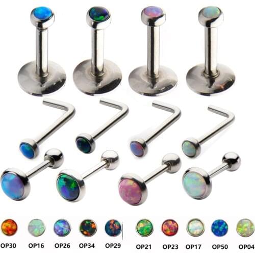 1Piece Opal Stone Internally Thread Labret Ring Ear Tragus Cartilage Stud Helix Piercing Earring Lip Stud L Shape Nose Stud Bone