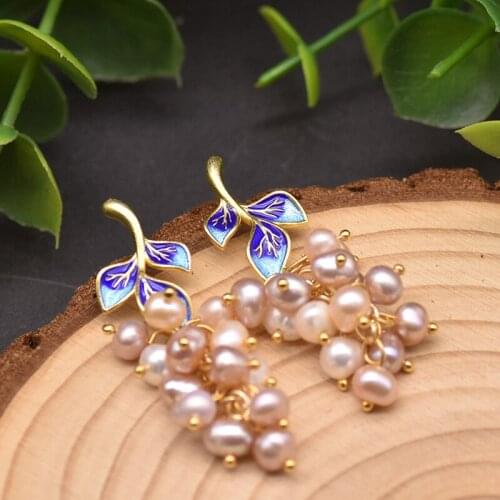 Natural Freshwater Pearl Drop Earrings Cloisonne Leaf Shaped Dangle Earring for Women Girls Party Gifts Boho Fashion Jewelry