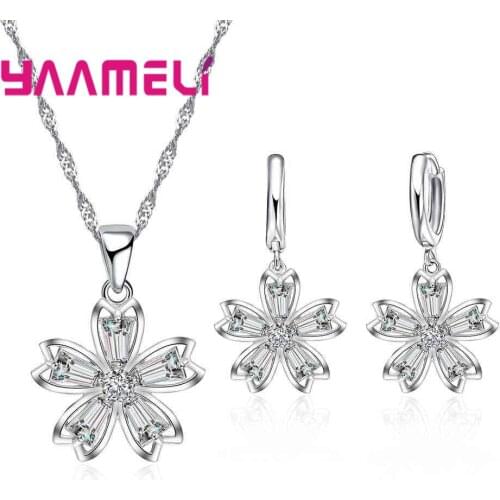 Stylish Flower 925 Filled Jewelry Set for Women Wedding Accessory Shining Clear Crystal Zircon Necklace Drop Earring Set
