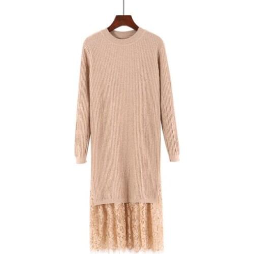 Knitted Sweater Women 2020 New Arrival Autumn Winter Long Sleeve Fashion Patchwork Lace Korean Style Ladies Knitting Dress