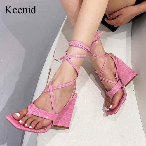 Kcenid 2022 Summer Pink Women Sandals Fashion Cross-Tied Strange High Heels Shoes Sexy Square Toe Lace Up Party Pumps Woman
