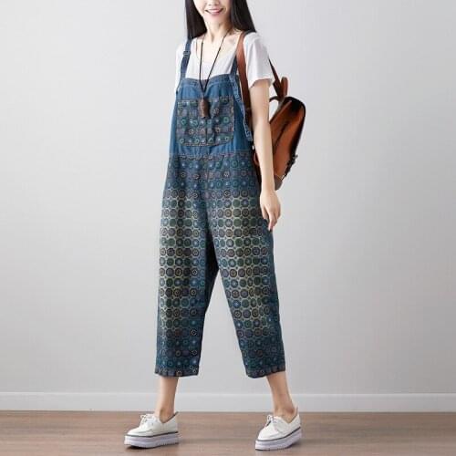 Women Print Denim Jumpsuits Plus size Boyfriend Bib Overalls Baggy Calf Length Jean Rompers Wide Leg Suspenders Pants YT174