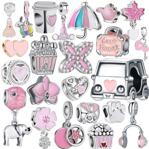 Pink Car Headset Umbrella Hand Heart Flower Beads Fit Original Pandora Charms Silver Color Bracelet for Women Fashion Jewelry