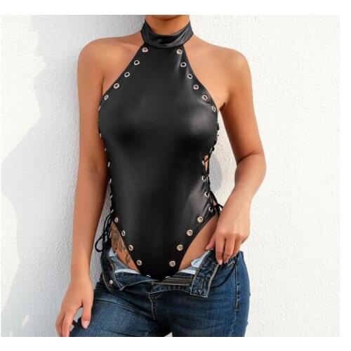 Plus Size 4XL Fashion Women Sexy Body Lace Up Top PU Leather Sleeveless Halter Neck Bandage Jumpsuit Bodysuit