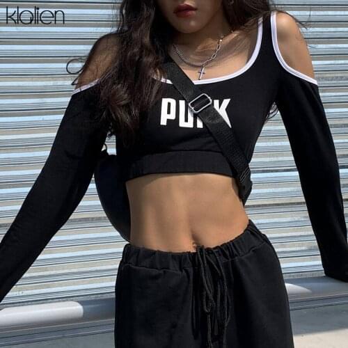 KLALIEN women letters print off-shoulder Square Collar sexy hollow out crop tops 2019 autumn women streetwear outfits T-shirts