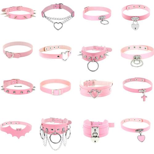 Pink Sexy Trendy Rock Gothic Collar Necklaces Jewelry Gothic Leather Heart Rivets Harajuku Punk Choker Necklace for Women Gift