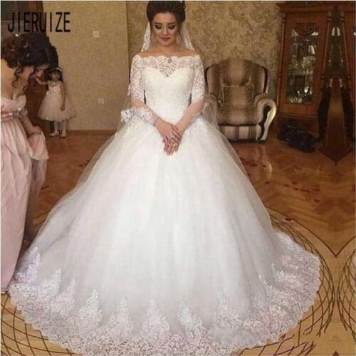JIERUIZE Vintage Wedding Dresses Boat Neck Long Sleeve Lace Appliques A-line Arabic Bridal Gowns Vestido De Noiva Bride Dresses