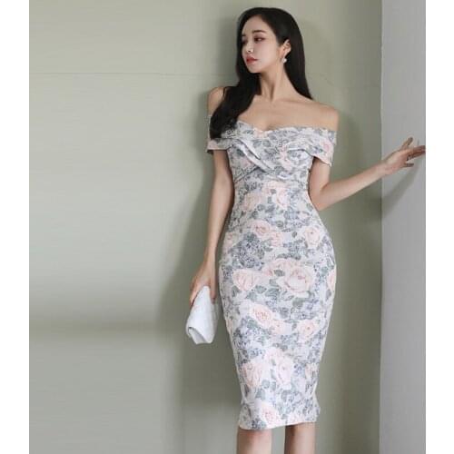Fashion Summer Korean Vintage Sexy Off-shoulder Midi Party Club Dress Ladies OL Elegant V-Neck Print Bodycon Skinny Pencil Dress