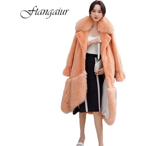 Ftangaiur 2020 Winter Import Velvet Mink Fur Coat With Fox Fur Collar Full Sleeve Womens X-Long Natural Real Mink cloak Coats