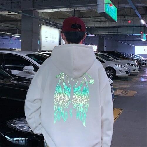 2021 White Wings Reflective Sweatshirt Men Cool Unicorn Hoodie Loose Casual Long Sleeve Pullover Harajuku Tops Streetwear Male