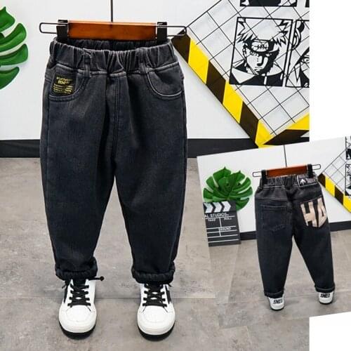 Toddler Boys Korean Jeans Winter Baby Plus Velvet Thicken Trousers Fashion Elastic Waist Letter Print Denim Pants For Boy 2-10 Y