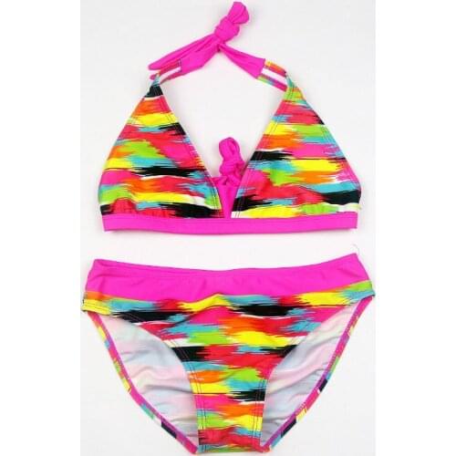 New Girl Rainbow Color Two Pieces Bathing Suit Girls Tight Elastic Stripe Swimwear Girl Split Beach Swimsuit Biquini Infantil