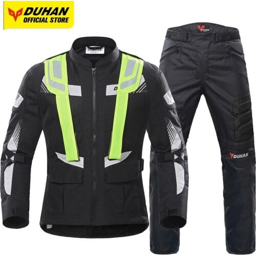 DUHAN Men Women Motorcycle Jacket & Pants Breathable Mesh Fabric Motocross Jacket Moisture Wicking Clothing Reflective Strip