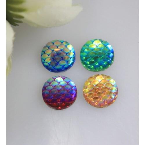 Wholesale 11MM Mixed Colour AB Coated Flatback Resin Fish Scale Pattern Round Cabochon For DIY Craft