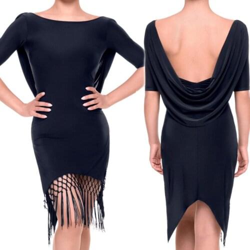 Latin Dance Dress Black Fringe Dress Sexy Back Swing Dancing Skirts Ladies Rumba Dress Perform Samba Dance Clothes Women BI006