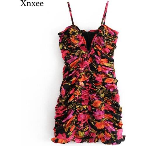 Spaghetti Strap Dress V Neck Fashion Women Flower Print Sexy Femme Bodycon Draped Bodycon Mini Party Dress Romantic Vestido