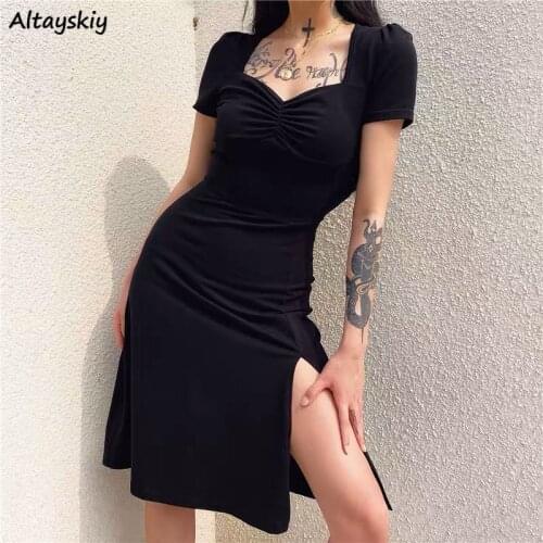Dress Women Slim Side-slit Sexy Short Sleeve Solid Ladies Casual Trendy Party Minimalist Summer Elegant V-neck Ins Soft Design