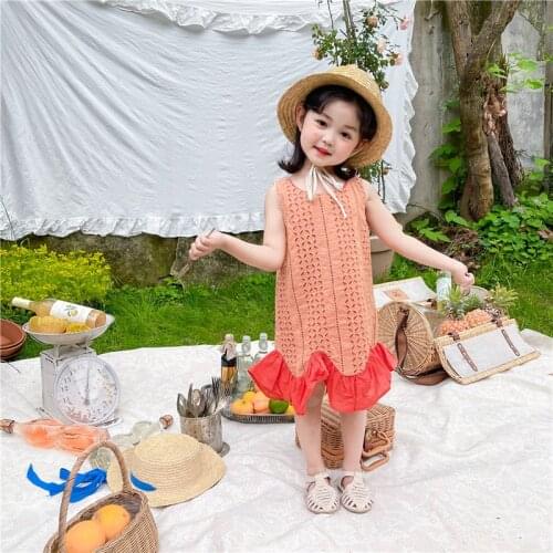 Kids Girls Vest Dresses Summer New Korean Baby Girls Lace Hollow Out Mermaid Dress Fashion Sleeveless Dress for Children 2-7 Y