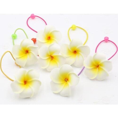 Wholesale 24pcs White Foam Hawaiian Plumeria flower Elastic hair Bands Frangipani Flower Kids Hair Rope