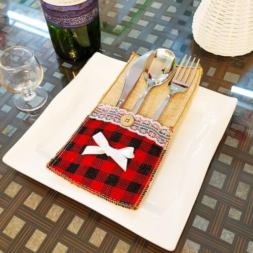 Snowflake bow-knot Red plaid Christmas Lace Cutlery Holder tableware Christmas decoration for Home dinning room