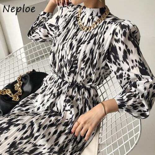 Neploe Stand Collar Chic Panelled Ink Dress Fashion Vintage Pleated Design Vestidos New Drawstring Slim Waist Women Dresses