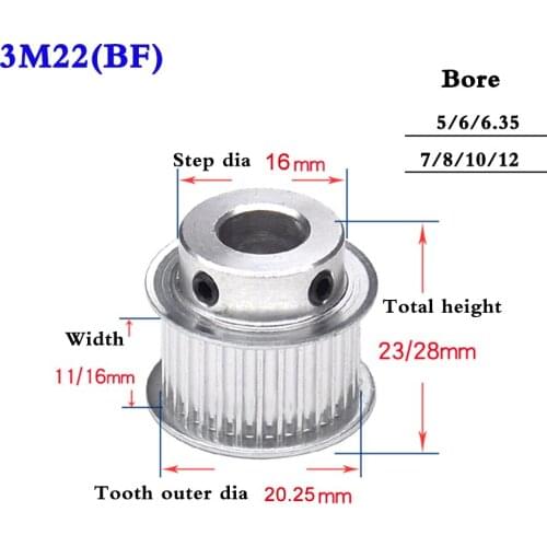 1Pcs 3M22T Synchronous Wheel Aluminum Alloy Timing Belt Pulley Width 11mm 16mm Bore 5-10mm