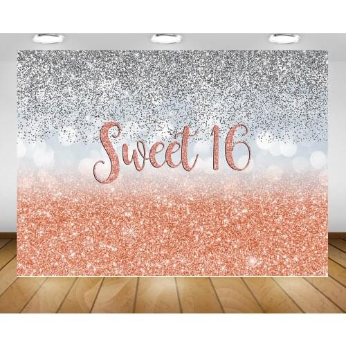Sweet 16 Birthday Backdrop Bokeh Glitter Girl 16th Birthday Party Banner Background Rose Gold Sliver Blue Photography Photocall