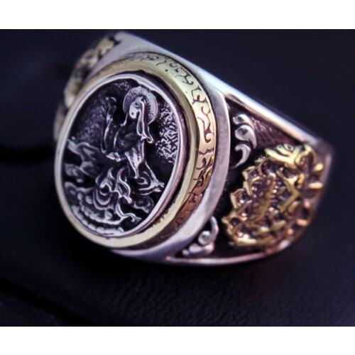 S925 sterling silver jewelry lotus Avalokitesvara Bodhisattva blue dragon and clouds Man ring