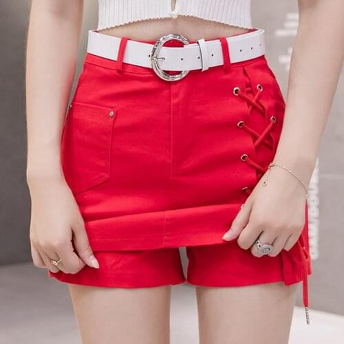 Zoki Bandage Women Denim Skirt Summer High Waist Chic Belt Jean Mini Skirt Cotton Red Harajuku Streetwear Faldas Mujer Moda 2020