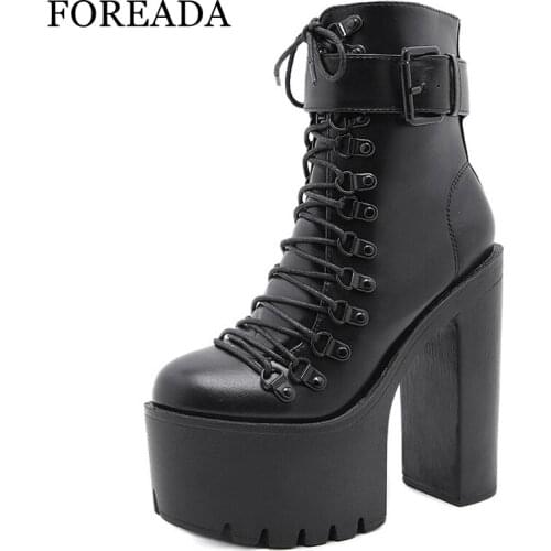 FOREADA Woman Ankle Boots Autumn Platform Thick Heel Shoes Super High Heel Round Toe Zipper Ladies Short Boots Fashion 35-43