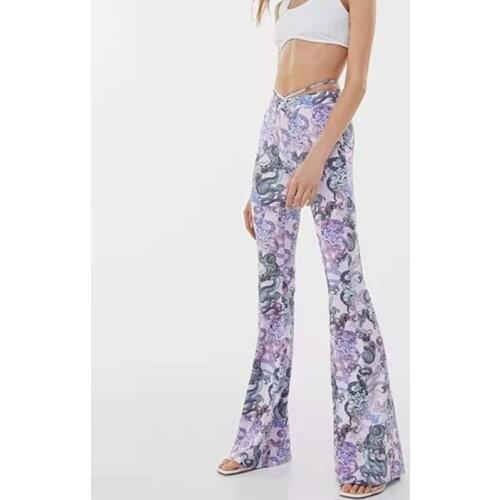 High waist floral drawstring womens casual flare pants printed women sexy trousers 2021 summer beach ladies bell bottom pants