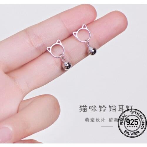 925 Sterling Silver Cat Earrings For Women Cute Bells Short New Hot Sale Korea Fashion Student Birthday Gift Girl Jewelry INEFFA