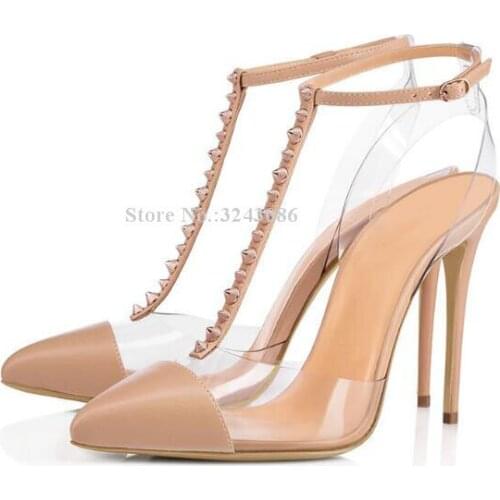 Newest T-Strap Patchwork Nude Leather Rivets Stiletto Heels Pumps Sexy PVC Pointed Toe Studded Dress Shoes Woman Large Size