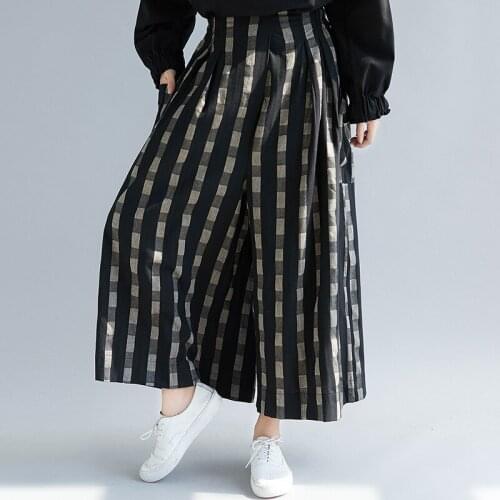 Johnature New Vintage Plaid Plus Size Loose Wide Leg Pants 2021 Spring Summer Elastic Waist Pockets Ankle-length Women Pants