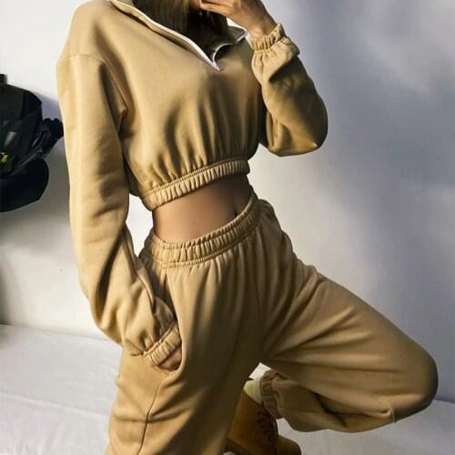 Womens Pullover Mini Sweatshirt and Pants Sets Zipper Elastic Waist Female Loose Tracksuit Spring Streetwear Soft Ladies Suits