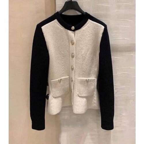 Women 2021 Autumn Winter Cardigan Wool Knitted Jacekt O-Neck Golden Button Black White Patchwork Knitted Sweater Coat