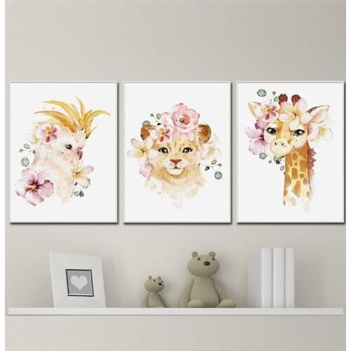 Watercolor Floral Animal Wall Poster Print Tropical Parrot Leo Giraffe Wall Art Nursery Canvas Painting Baby Bedroom Picture Art
