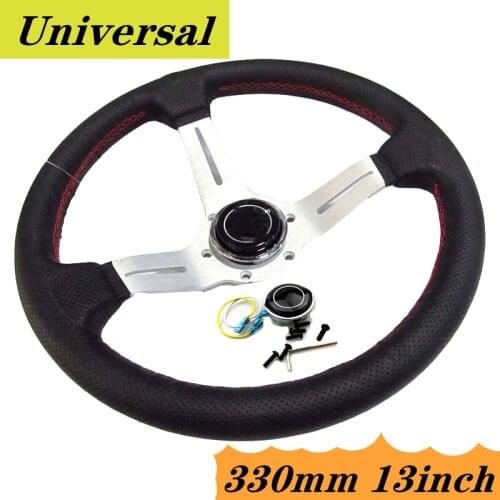 Car Universal 330mm 13Inch Black Color Spoke Deep Dish Real Leather ND Tuning Drifting Racing Steering Wheel Red Line