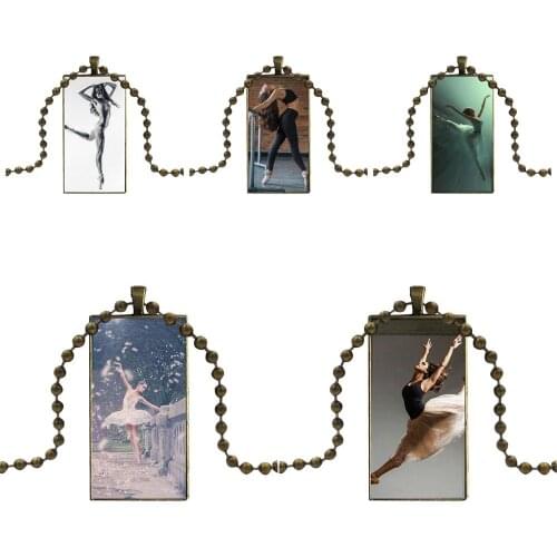 Ballet Dancer Necklace With Bronze Plated Glass Cabochon Choker Long Pendant Rectangle Necklace For Women Girl Gift