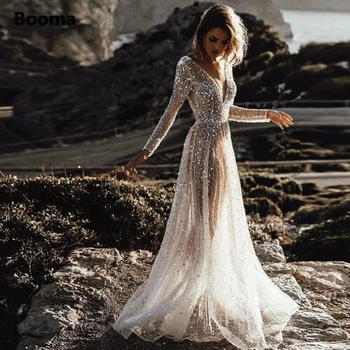 Glitter Beach Wedding Dresses 2020 Sexy Backless Long Sleeves Bride Dresses Deep V-Neck Sequined Lace A-Line Wedding Gowns