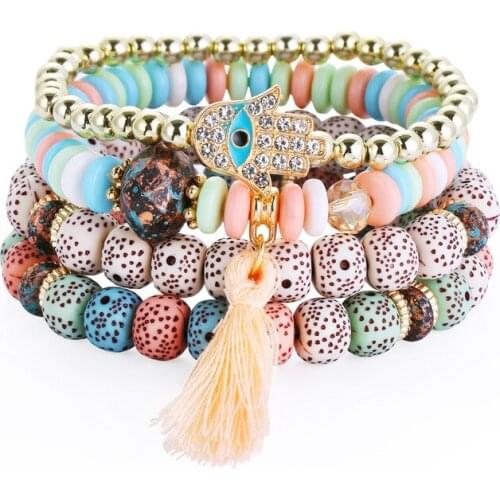 Boho Ethnic Style Multilayer Colorful Stone Beaded Bracelet Bangles For Women Fashion Crystal Eyes Tassel Charm Bracelet Jewelry