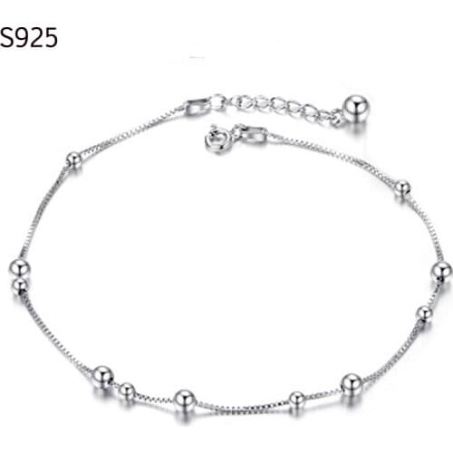 Genuine Real Pure Solid 925 Sterling Silver Anklets for Women Beach Jewelry Bohemian Round Ball Beads Female Foot Anklet Chain