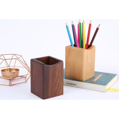Wood Square Pen Holder, Beech / Black Walnut Pencil Cup Makeup Brush Holder Stationery Desktop Organizer, 7x7x10cm