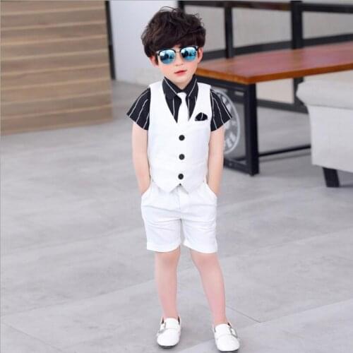 Gentleman Kids Vest Short Shirt Fashion Formal Dress Flower Boys Summer Wedding Suit Birthday Party Children Clothing Set