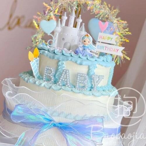 INS Pearl Felt Baby Cake Toppers Pink Birthday Baking Cake Decorations for Baby Birthday Party Cupcake Toppers Baby Shower New