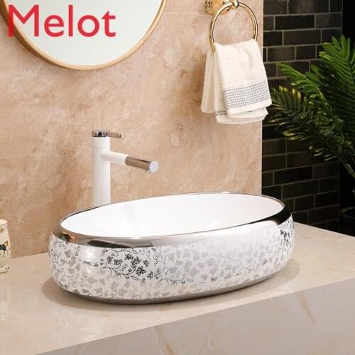 Ceramic table washbasin art basin silver washbasin home large-capacity basin color oval basin